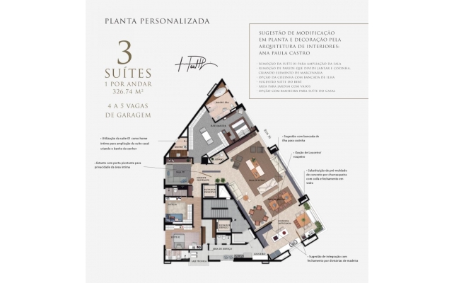 Planta tipo personalizada - 3 suítes - 326,74 m²