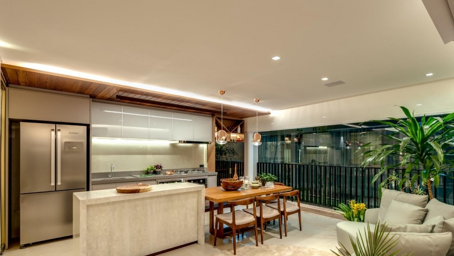 Decorado 116m² - Integração cozinha, sala de jantar e varanda balcão